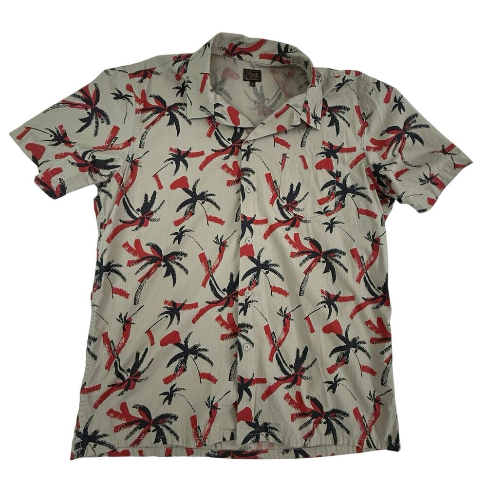 Obey Hawaiian Palm Tree Camp Shirt Men Large Tan Black Red Vacation Golf Beach